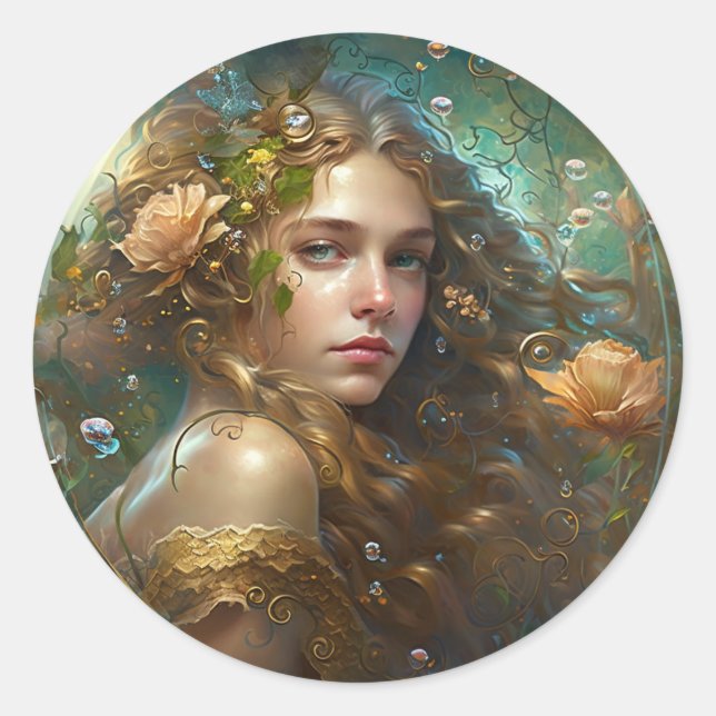 A fantasy mermaid with flowing hair and bubbles classic round sticker (Front)