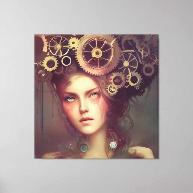 A fantasy woman with steampunk gears on her head canvas print (Front)