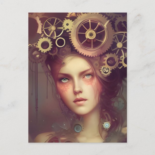 A fantasy woman with steampunk gears on her head postcard (Front)