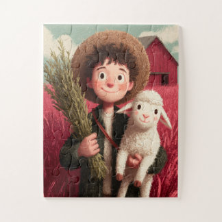 A farm boy with his sheep friend by his side. jigsaw puzzle