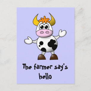 A Farmer says Hello Funny Cartoon Cow Postcard