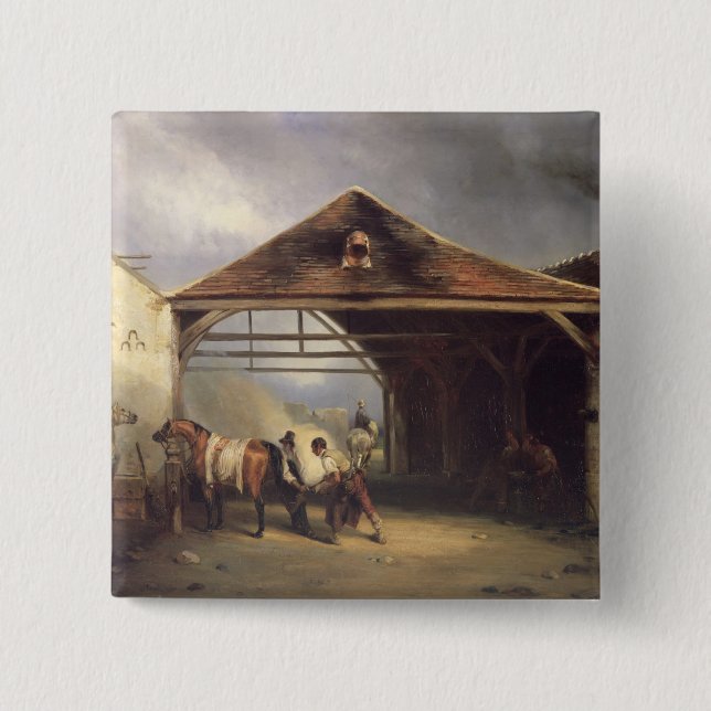 A Farrier shoeing a Horse 2 Inch Square Button (Front)