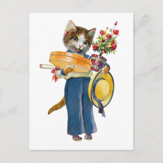 A Female Cat Bearing Flowers and Gifts Postcard