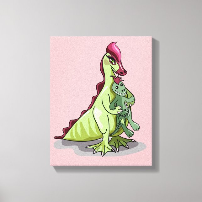 A Female Hadrosaurus Holding A Doll. Canvas Print (Front)