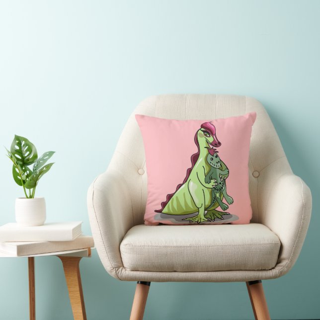 A Female Hadrosaurus Holding A Doll. Throw Pillow (Chair)