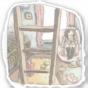 a female illustration sitting in a corner by a win