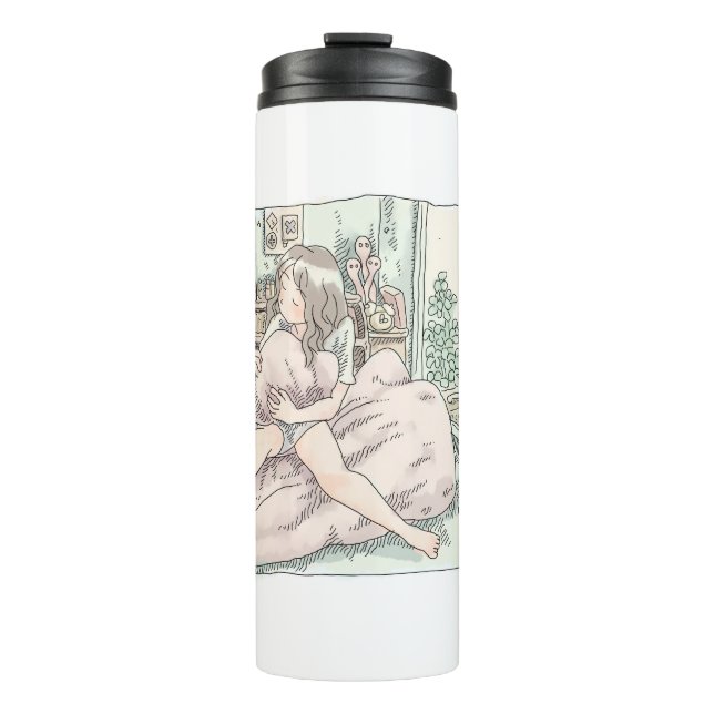 a female illustration sitting on a cushion in a cl thermal tumbler (Front)