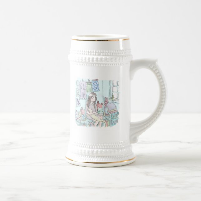 a female illustration sitting on the wall of a wat beer stein (Right)