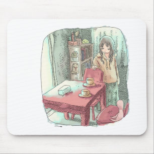 a female illustration standing beside a red table mouse pad