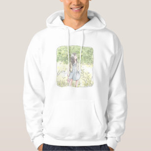 a female illustration standing on a green plain ov hoodie