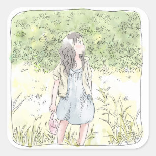 a female illustration standing on a green plain ov square sticker