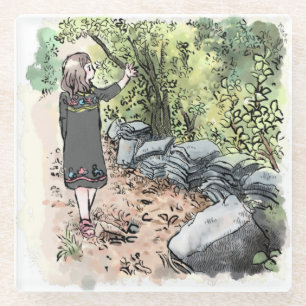 a female water color illustration walking along a  glass coaster