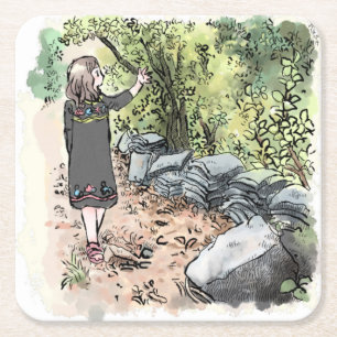 a female water color illustration walking along a  square paper coaster