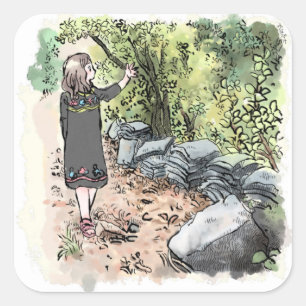 a female water color illustration walking along a square sticker