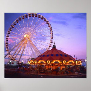 A ferris wheel and carousel at the Navy Pier in Poster