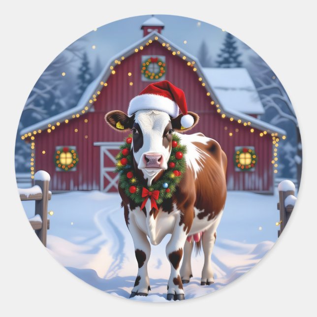 A Festive Cow in Santa Hat Country Christmas Classic Round Sticker (Front)