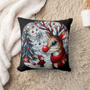 A festive encounter between child and reindeer throw pillow