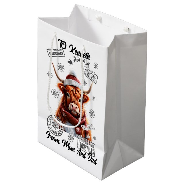 A Festive Santa Sack Adorned With Holiday Cow Medium Gift Bag (Front Angled)