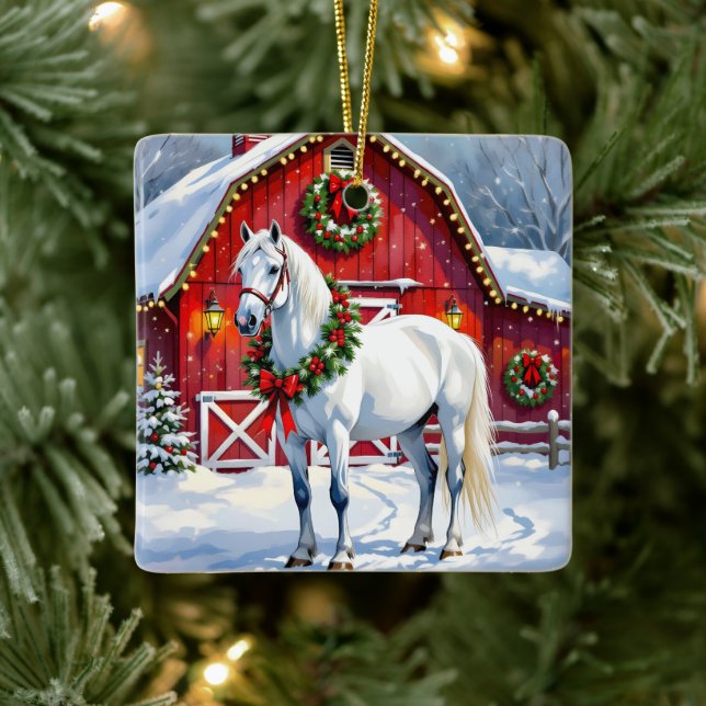 A Festive White Horse and Winter Barn Christmas Ceramic Ornament (Tree)
