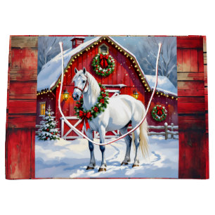 A Festive White Horse and Winter Barn Christmas Large Gift Bag