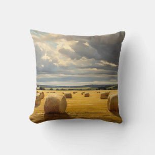 A Field Of Golden Haystacks On An Autumn Day Throw Pillow
