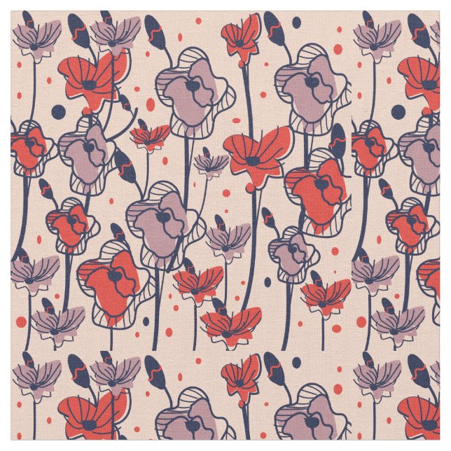 A field of modern cosmic poppies in the middle of  fabric (Close Up)