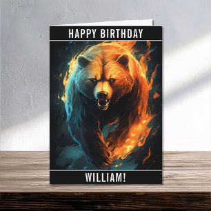 A Fierce Fiery Bear Happy Birthday Name Card
