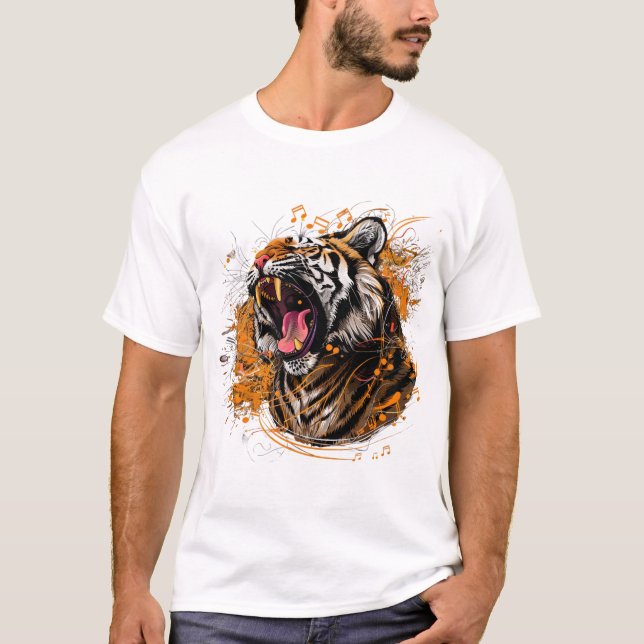 A fierce tiger roaring with musical notes emanatin T-Shirt (Front)