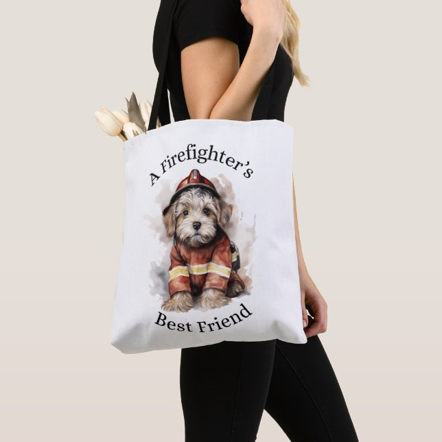 A Firefighter’s Best Friend Dog Fireman Outfit Tote Bag (Close Up)