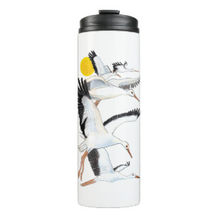 A Flock of White Storks Flying over the Sun Illust Thermal Tumbler