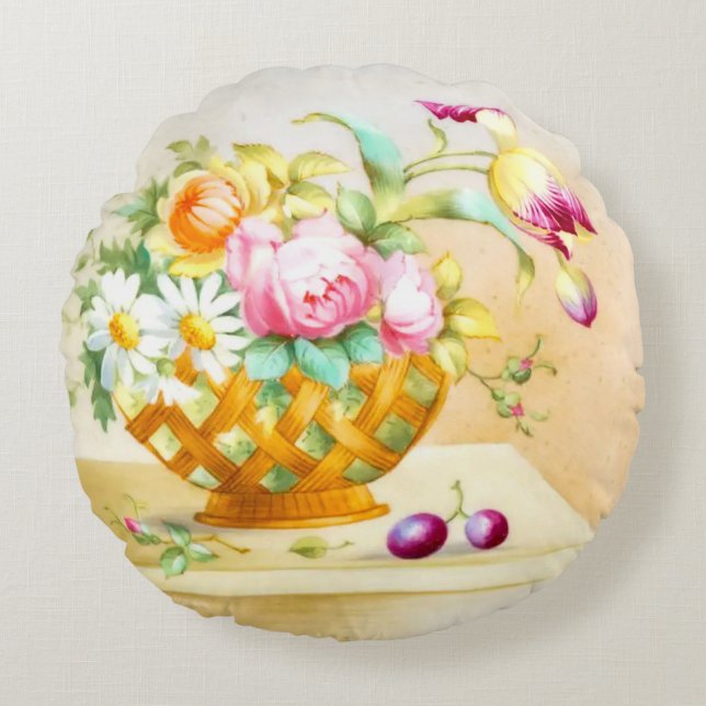 A Floral Basket of Peonies and Tulips Round Pillow (Front)