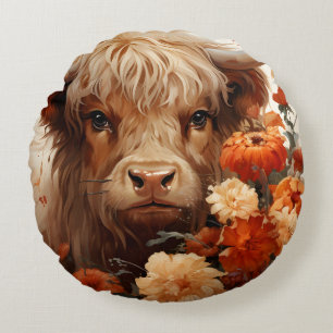 A Floral Highland Cow Series Design 1 Round Pillow