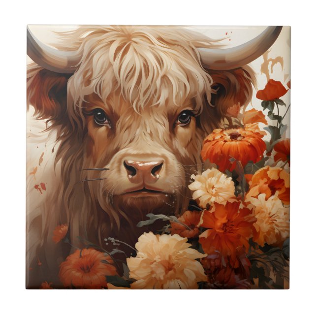 A Floral Highland Cow Series Design 1 Tile (Front)