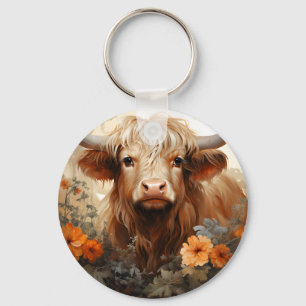 A Floral Highland Cow Series Design 2 Keychain