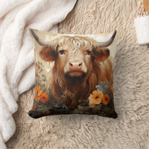 A Floral Highland Cow Series Design 2 Throw Pillow