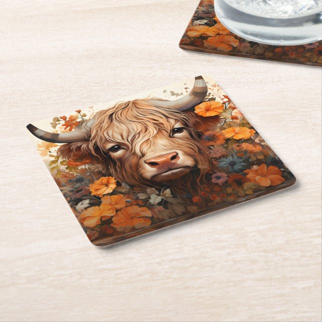 A Floral Highland Cow Series Design 3 Square Paper Coaster (Angled)