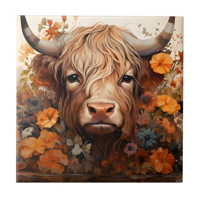 A Floral Highland Cow Series Design 3 Tile (Front)