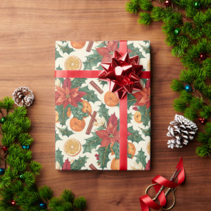 A Floral Pattern With Poinsettias, Oranges, Holly Wrapping Paper