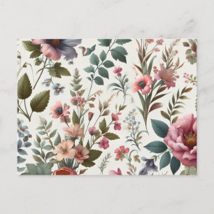 a floral wallpaper with pink, blue, and green flow invitation postcard