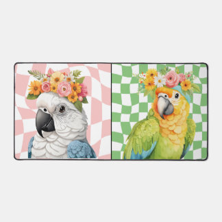 a flower crown parrot with a chequered background desk mat