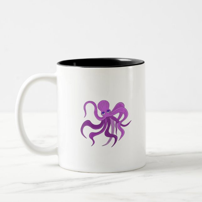 A fluffy octopus swinging tentacles Two-Tone coffee mug (Left)