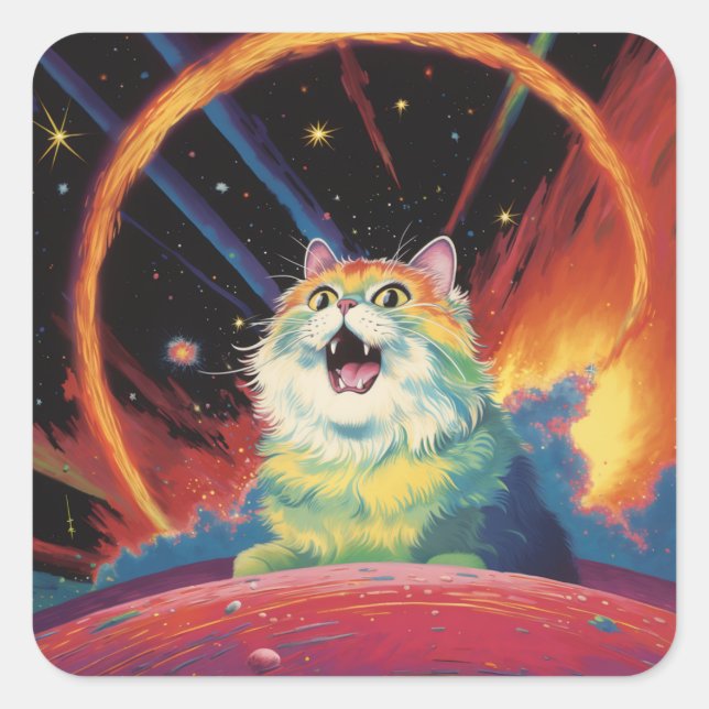 A Fluffy White Cat in Space Square Sticker (Front)
