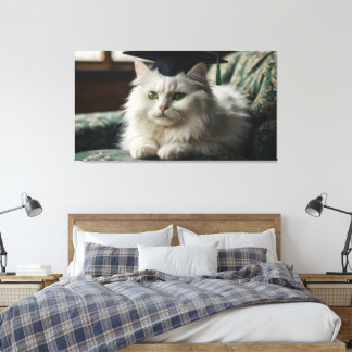 A fluffy white cat wearing a graduation cap  canvas print