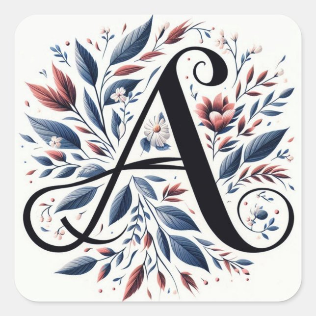 "A" font leafy flowers design  Square Sticker (Front)