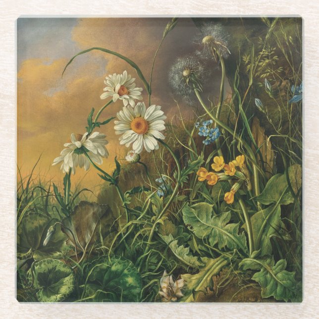 A Forest Floor with Daisies, Primroses, ... Glass Coaster (Front)