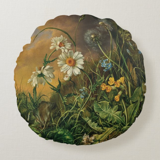 A Forest Floor with Daisies, Primroses, ... Round Pillow (Front)