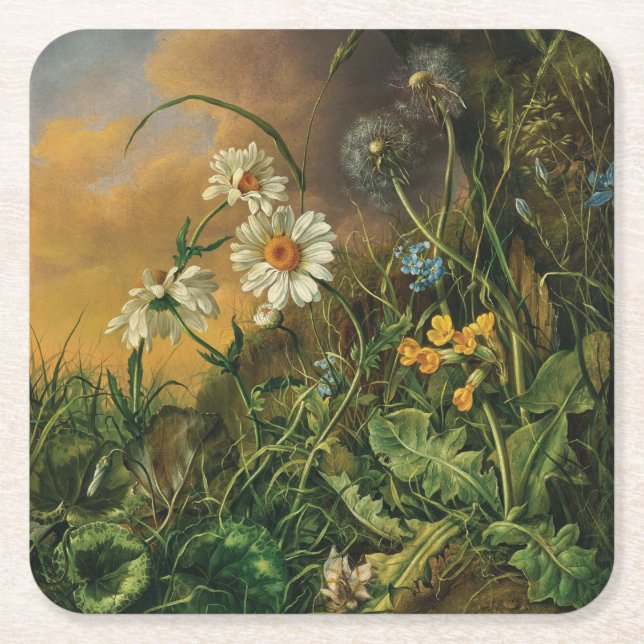A Forest Floor with Daisies, Primroses, ... Square Paper Coaster (Front)