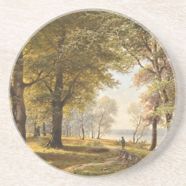 A Forest Path with Hiker in Autumn Coaster (Front)