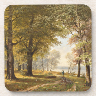 A Forest Path with Hiker in Autumn Coaster