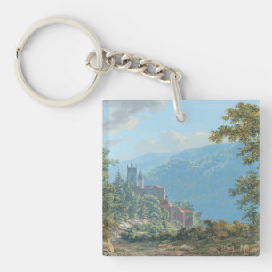 A Fortress in a Mountain Landscape at Sunrise Keychain